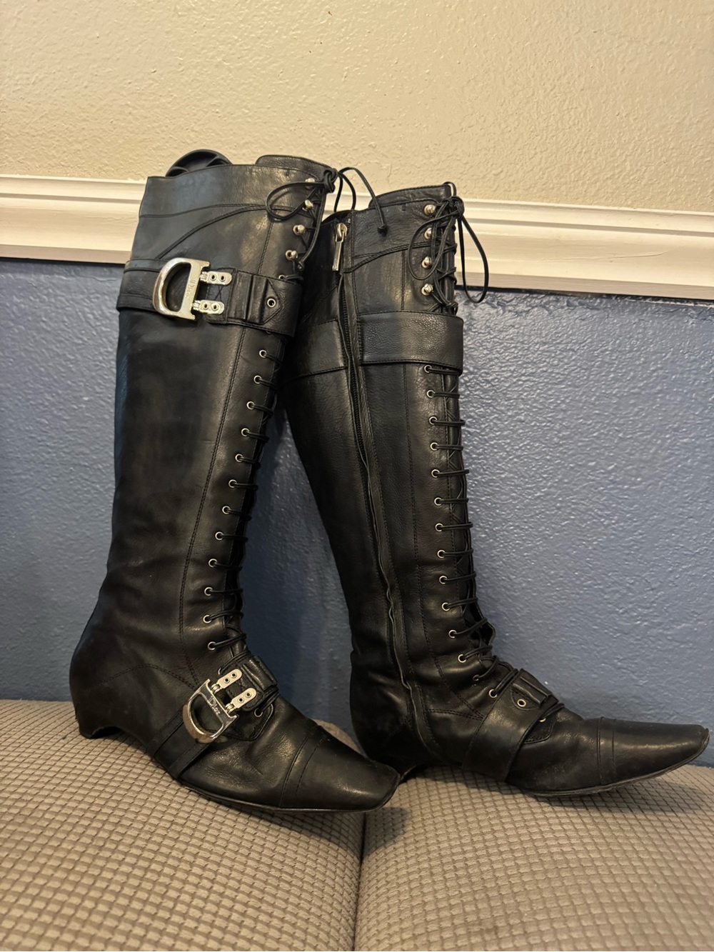 Dior Black Lace-Up Knee-High Women's Boots with Buckle Detail